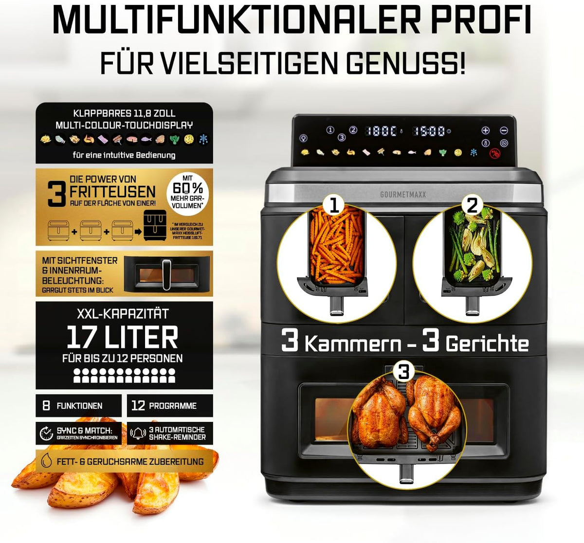 2026 GOURMETmaxx FryUp3 Vertikale Heißluftfritteuse 3 Kammern