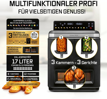 2026 GOURMETmaxx FryUp3 Vertikale Heißluftfritteuse 3 Kammern