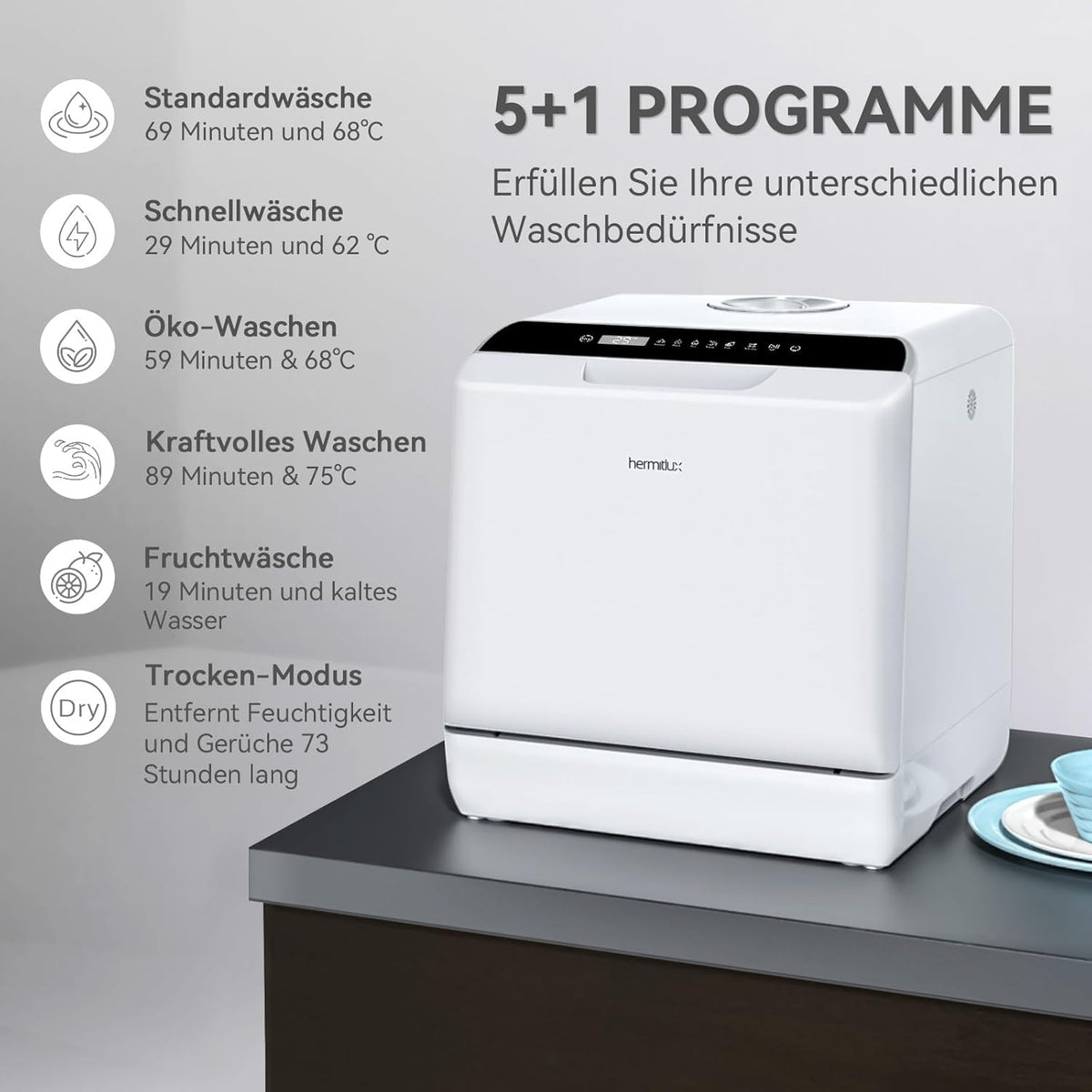 2026 Hermitlux Mini Geschirrspüler, Spülmaschine für 4 Bestecksätze, 5 Liter Wassertank, 6 Programme Mini Tischgeschirrspüler, Perfekt für Wohnungen, Schlafsäle, Camping, Weiß