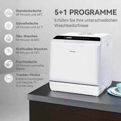 2026 Hermitlux Mini Geschirrspüler, Spülmaschine für 4 Bestecksätze, 5 Liter Wassertank, 6 Programme Mini Tischgeschirrspüler, Perfekt für Wohnungen, Schlafsäle, Camping, Weiß