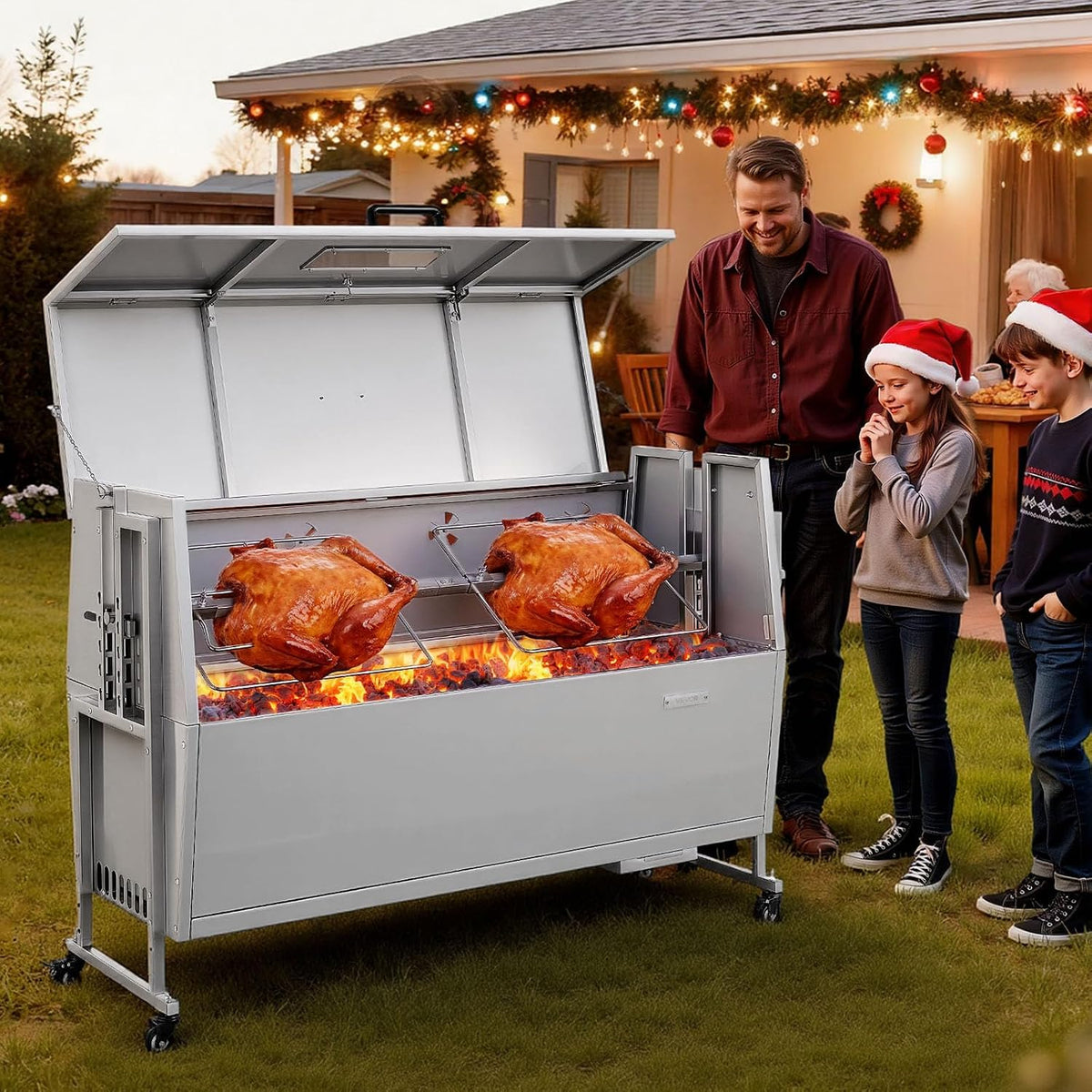 2026 VEVOR Drehspießgrill 38 W Spanferkelgrill Lammgrill Holzkohlegrill (132 cm Grilllänge) mit 60 kg Tragkraft & Rädern & 4-facher Höhenverstellung & Deckel, Edelstahl-Elektrogrill-Set für Camping