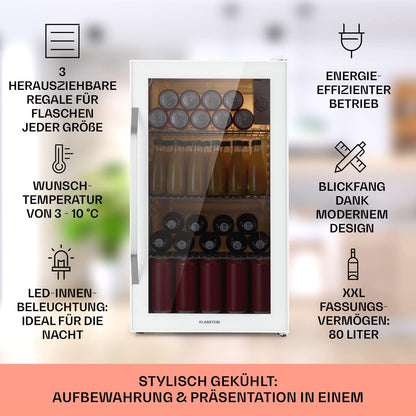 2026 Klarstein Mini Kühlschrank mit Glastür für Zimmer, Getrnkekühlschrank mit Verstellbaren Ablagen, Kleiner 80 Liter, Indoor/Outdoor Kühlschrank Leise