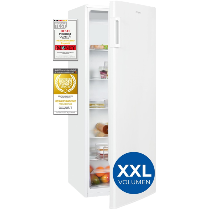 2026 Exquisit Kühlschrank ohne Gefrierfach, Großer Kühlschrank, 5 Ablagen, 242 Liter, Vollraumkühlschrank 143 cm hoch, KS5320-V-H-040E weiss