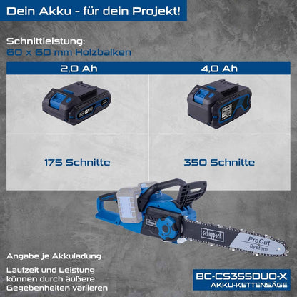 2026 Scheppach Akku Kettensäge BC-CS355Duo-X | Schnittlänge 33,5cm | Schwertlänge 14' / 35,6cm | Schnittgeschwindigkeit 15m/s | 20V-IXES-Serie | 10 Jahre Garantie | mit 2x 2Ah Akku & Doppelladegerät