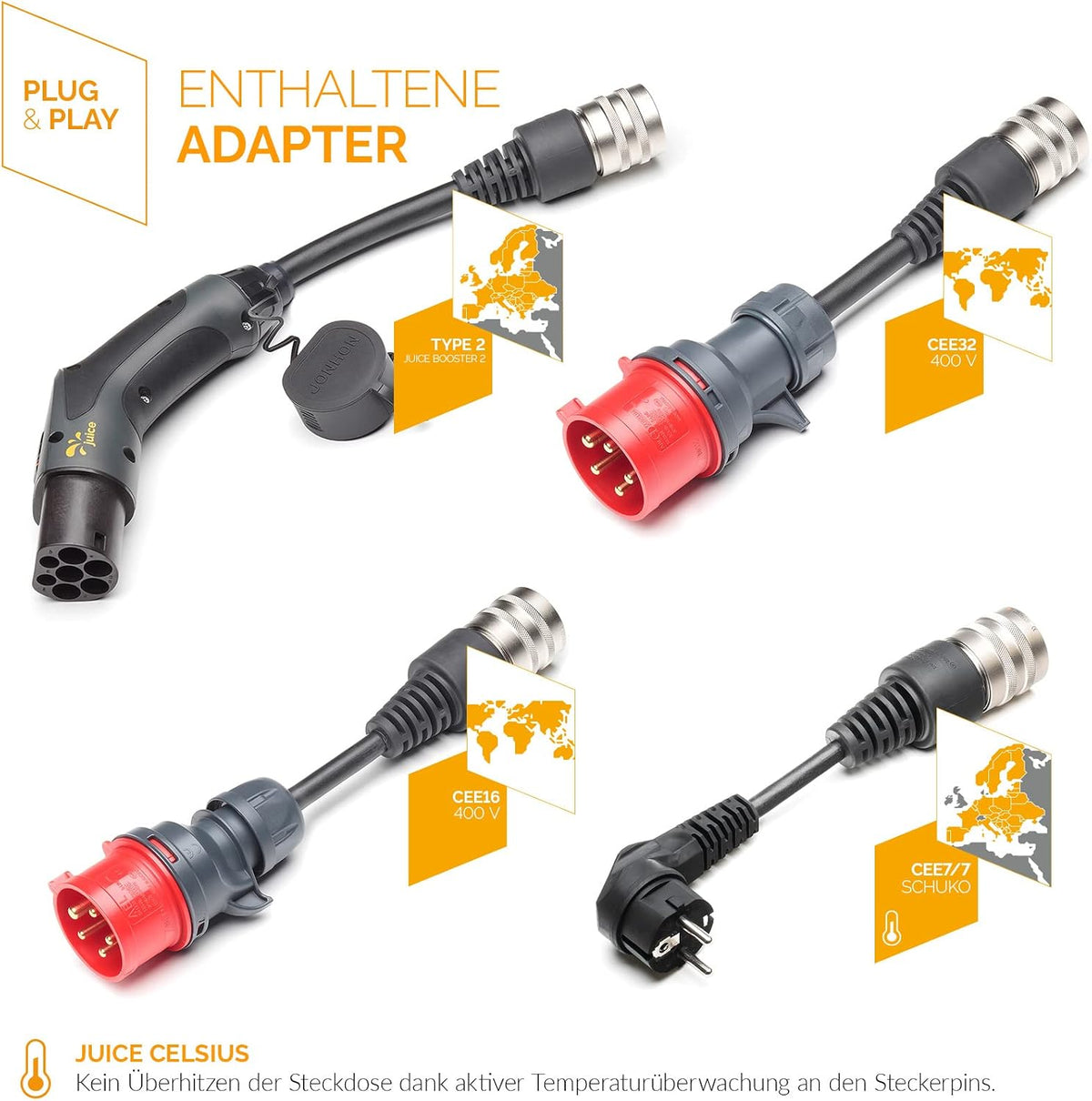 2026 Juice Booster 2 - Mobile Ladestation 22 kW, Schweizer Design, Adapter für alle Steckdosen, Typ 2 Ladekabel, automatische Adaptererkennung, wetterfest & robust