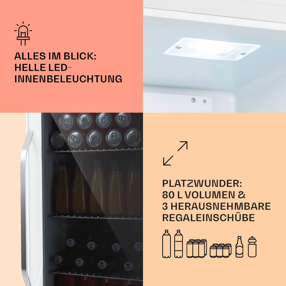 2026 Klarstein Mini Kühlschrank mit Glastür für Zimmer, Getrnkekühlschrank mit Verstellbaren Ablagen, Kleiner 80 Liter, Indoor/Outdoor Kühlschrank Leise