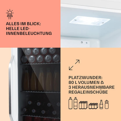2026 Klarstein Mini Kühlschrank mit Glastür für Zimmer, Getrnkekühlschrank mit Verstellbaren Ablagen, Kleiner 80 Liter, Indoor/Outdoor Kühlschrank Leise
