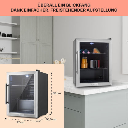 2026 Klarstein Mini Kühlschrank mit Glastür für Zimmer, Getrnkekühlschrank mit Verstellbaren Ablagen, Kleiner 80 Liter, Indoor/Outdoor Kühlschrank Leise
