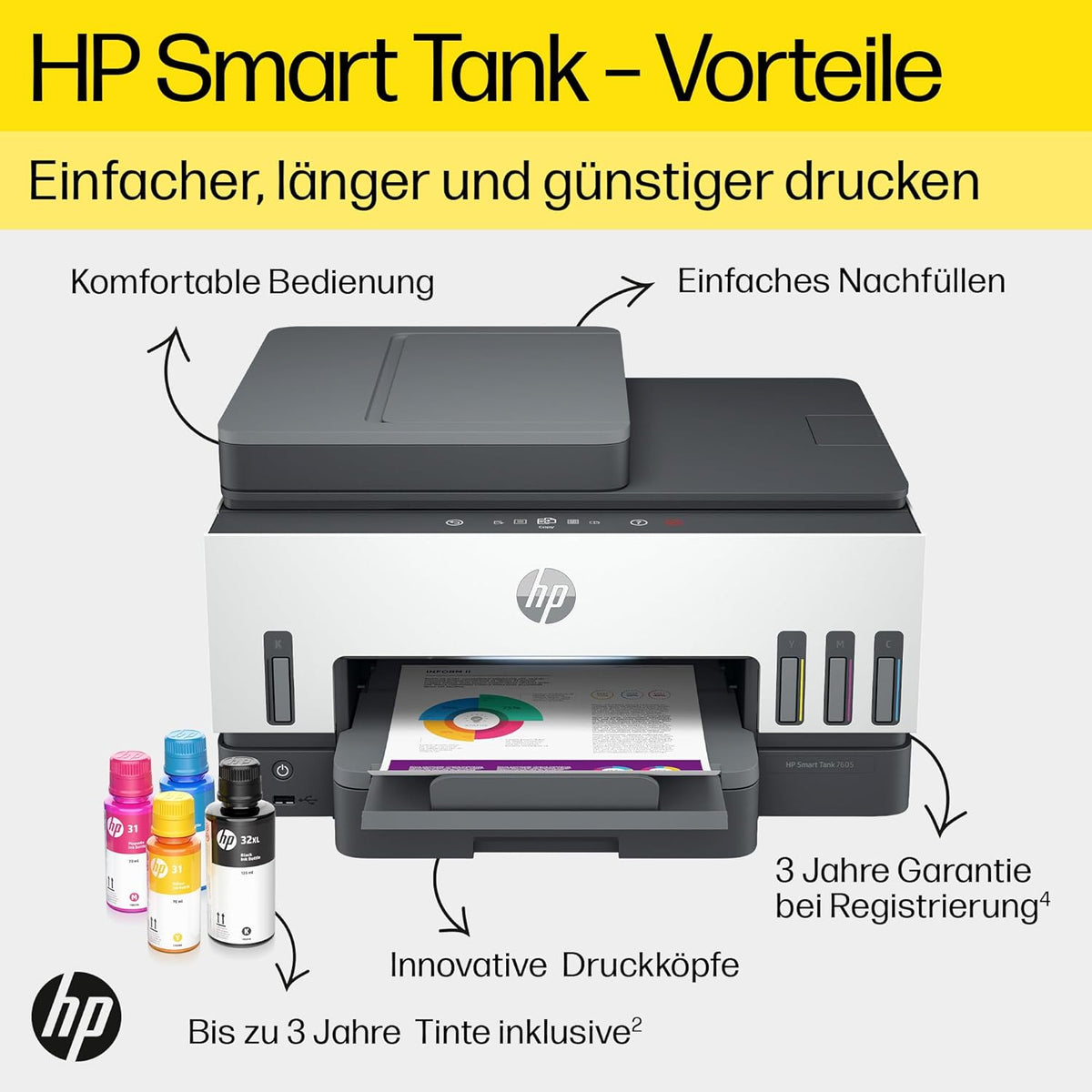 2026 HP Smart Tank 7605 4-in-1 Multifunktionsdrucker (WLAN; Duplex; ADF) – 3 Jahre Tinte inklusive, 3 Jahre Garantie, großer Tintentank, hohe Reichweite, Drucken in hoher Qualität