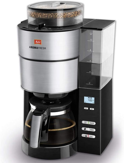 2026 Melitta AromaFresh - Filterkaffeemaschine - mit Glaskanne - integriertes Mahlwerk - Timer Funktion - 10 Tassen - Pure Black