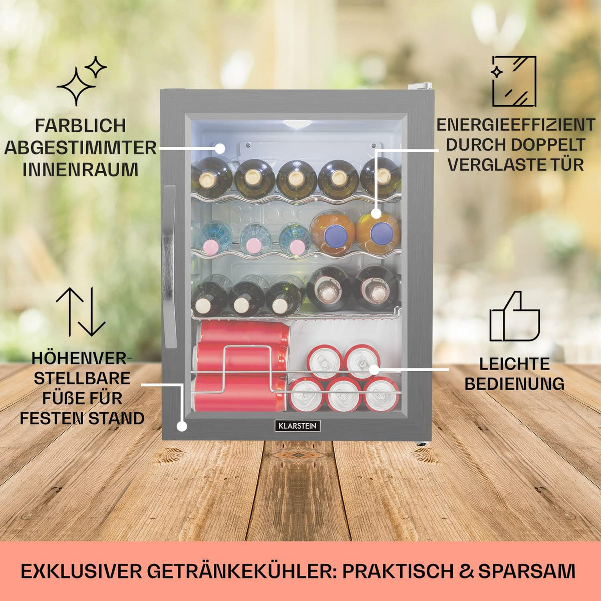 2026 Klarstein Mini Kühlschrank mit Glastür für Zimmer, Getrnkekühlschrank mit Verstellbaren Ablagen, Kleiner 80 Liter, Indoor/Outdoor Kühlschrank Leise