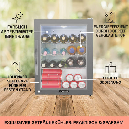 2026 Klarstein Mini Kühlschrank mit Glastür für Zimmer, Getrnkekühlschrank mit Verstellbaren Ablagen, Kleiner 80 Liter, Indoor/Outdoor Kühlschrank Leise