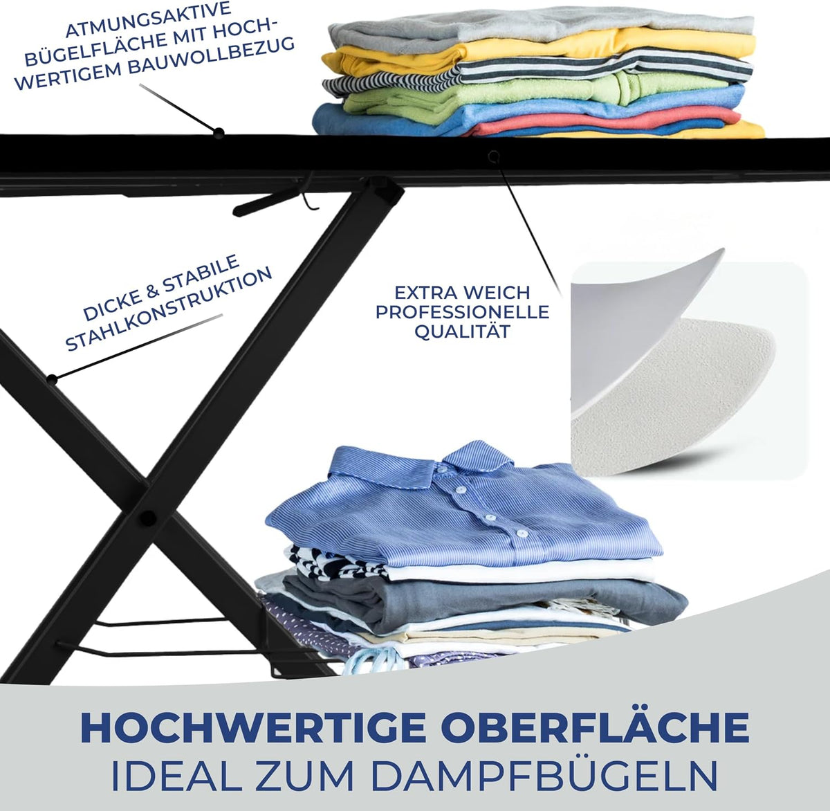 2026 STAHLMANN® Bügelbrett für Dampfbügelstation [130 × 48 cm] mit Ärmelbrett | schwarz | Made in Europe | inklusive Ärmelbrett | 100 % Baumwolle Turbobezug | extra stabil | höhenverstellbar