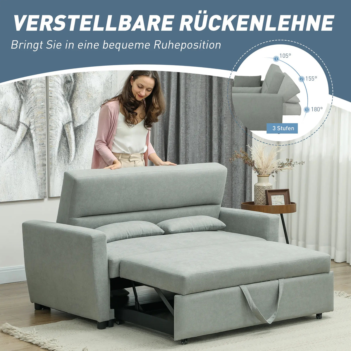 2026 HOMCOM Schlafsofa 2-Sitzer mit Schlaffunktion und Rollen Eukalyptusholz