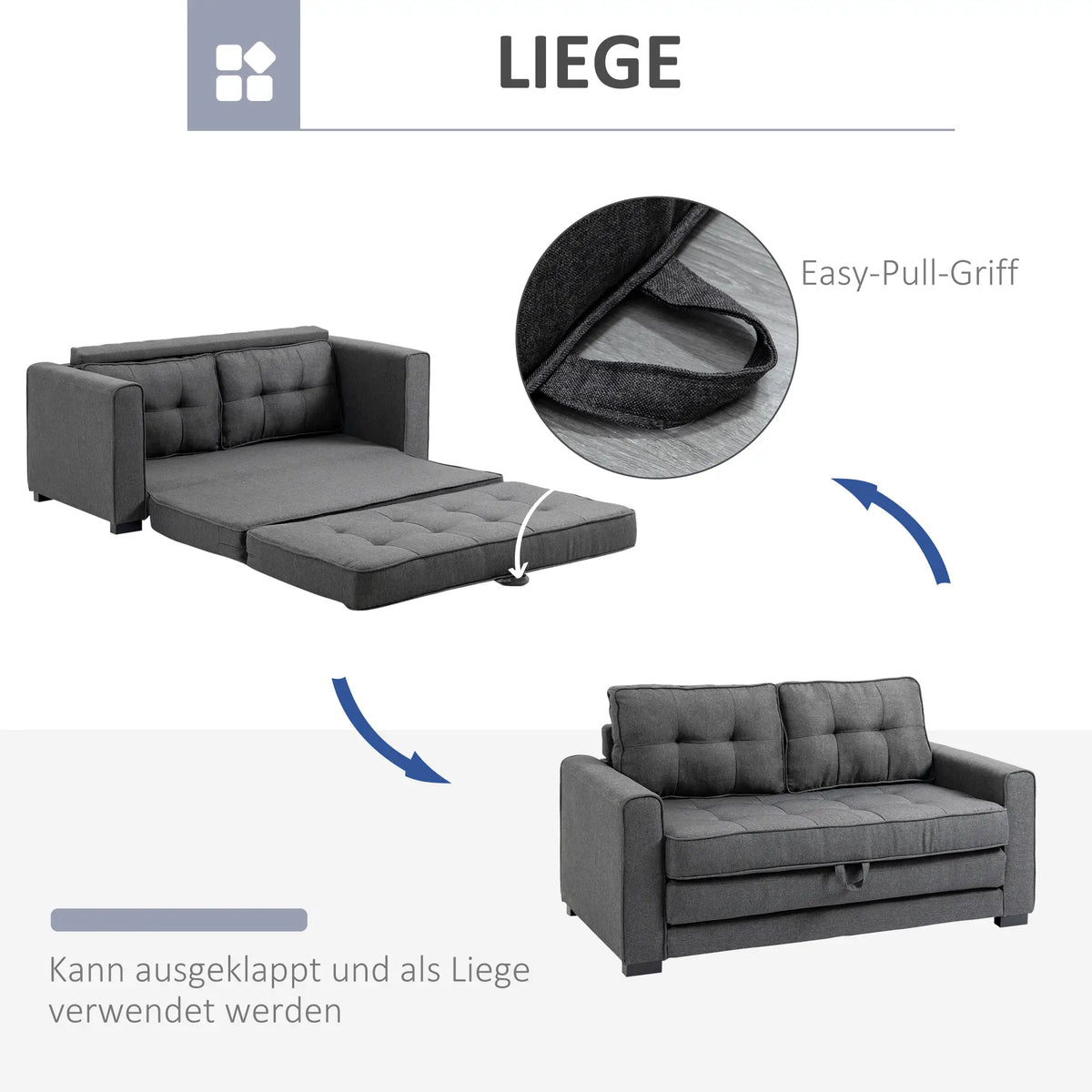 2026 HOMCOM Schlafsofa 2-Sitzer ausziehbar Massivholz Federung Grau