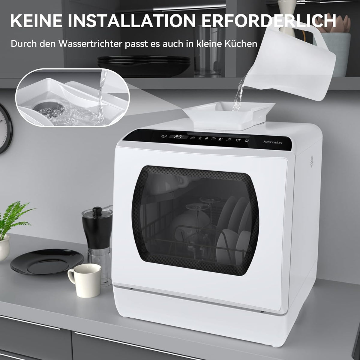 2026 Hermitlux Mini Geschirrspüler, Spülmaschine für 4 Bestecksätze, 5 Liter Wassertank, 6 Programme Mini Tischgeschirrspüler, Perfekt für Wohnungen, Schlafsäle, Camping, Weiß