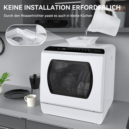 2026 Hermitlux Mini Geschirrspüler, Spülmaschine für 4 Bestecksätze, 5 Liter Wassertank, 6 Programme Mini Tischgeschirrspüler, Perfekt für Wohnungen, Schlafsäle, Camping, Weiß