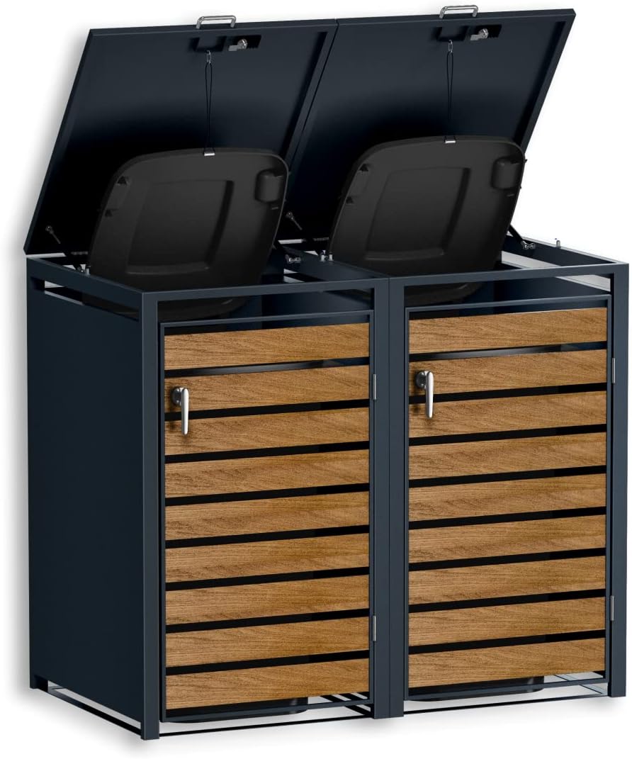 2026 Metzler Mülltonnenbox in Anthrazit & Holzoptik 2er 240L, Mülltonnenverkleidung 2 Tonnen, witterungsbeständiger und pulverbeschichteter Stahl mit Automatikdeckel, abschließbar, Garten- und Müllbox