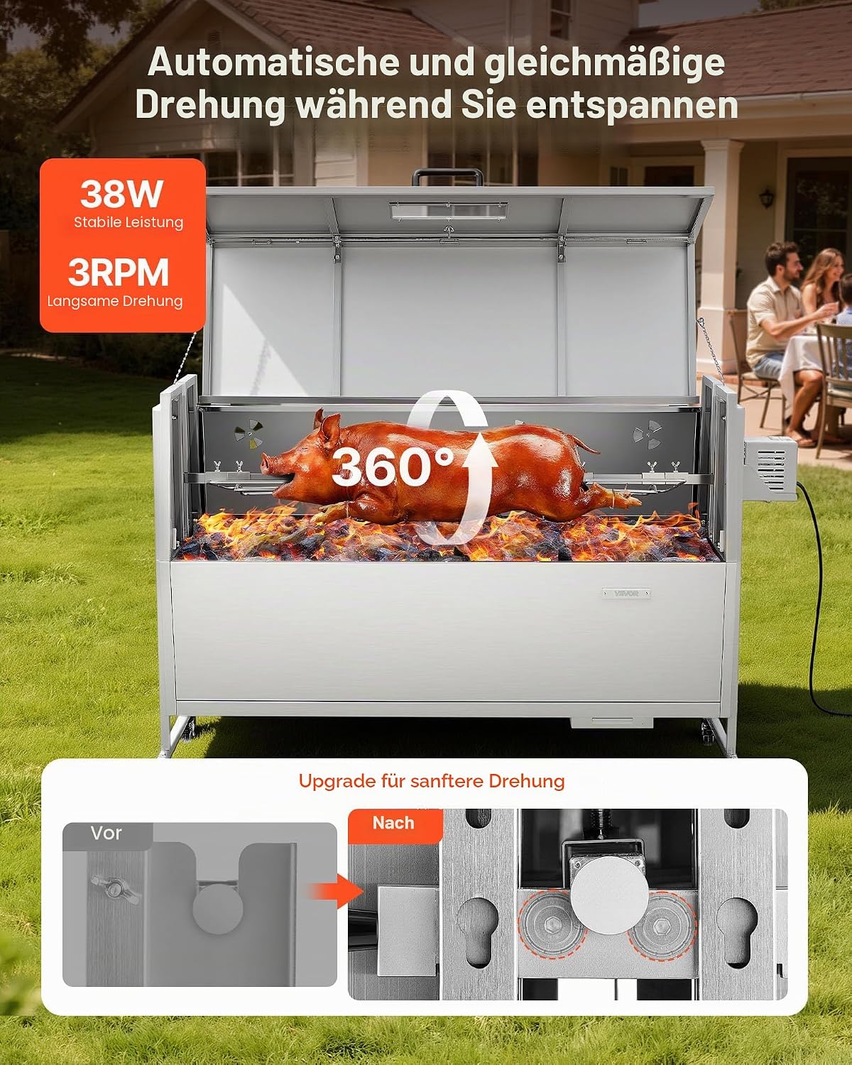 2026 VEVOR Drehspießgrill 38 W Spanferkelgrill Lammgrill Holzkohlegrill (132 cm Grilllänge) mit 60 kg Tragkraft & Rädern & 4-facher Höhenverstellung & Deckel, Edelstahl-Elektrogrill-Set für Camping