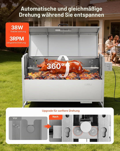 2026 VEVOR Drehspießgrill 38 W Spanferkelgrill Lammgrill Holzkohlegrill (132 cm Grilllänge) mit 60 kg Tragkraft & Rädern & 4-facher Höhenverstellung & Deckel, Edelstahl-Elektrogrill-Set für Camping