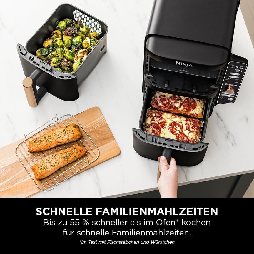 2026 Ninja Double Stack XL Heißluftfritteuse, 2 vertikale Schubladen, 4 Kochstufen, 2 Einschübe, platzsparendes Design, 9,5 L Fassungsvermögen, 6 Funktionen, 8 Portionen, Zange, Schwarz/Kupfer SL400EUCP