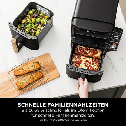 2026 Ninja Double Stack XL Heißluftfritteuse, 2 vertikale Schubladen, 4 Kochstufen, 2 Einschübe, platzsparendes Design, 9,5 L Fassungsvermögen, 6 Funktionen, 8 Portionen, Zange, Schwarz/Kupfer SL400EUCP