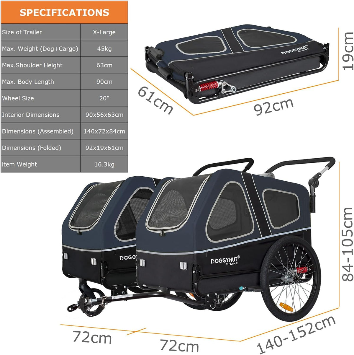2026 Doggyhut S-Line XL Hundeanhänger & Hundebuggy mit Federung 2 in 1 Hunde Fahrradanhänger Jogger gefedert bis 45 kg