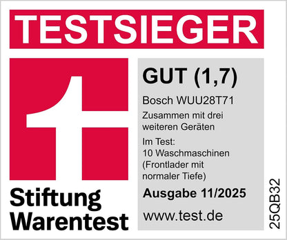 2026 Bosch WUU28T71, Stiftung Warentest Testsieger*, Serie 6 Waschmaschine 8 kg, Unterbaufähig, 1400 UpM, Beladungserkennung, Hygiene Plus, Nachlegefunktion, Frontlader, LED Display, Schontrommel, AquaStop