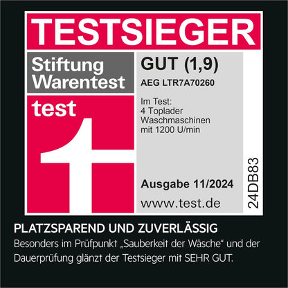 2026 AEG LTR7A71370 Waschmaschine Toplader / Serie 7000 mit ProSteam / ProSteam - Auffrischfunktion / 7,0 kg / Leise / Mengenautomatik / Nachlegefunktion / Wasserstopp / 1300 U/min