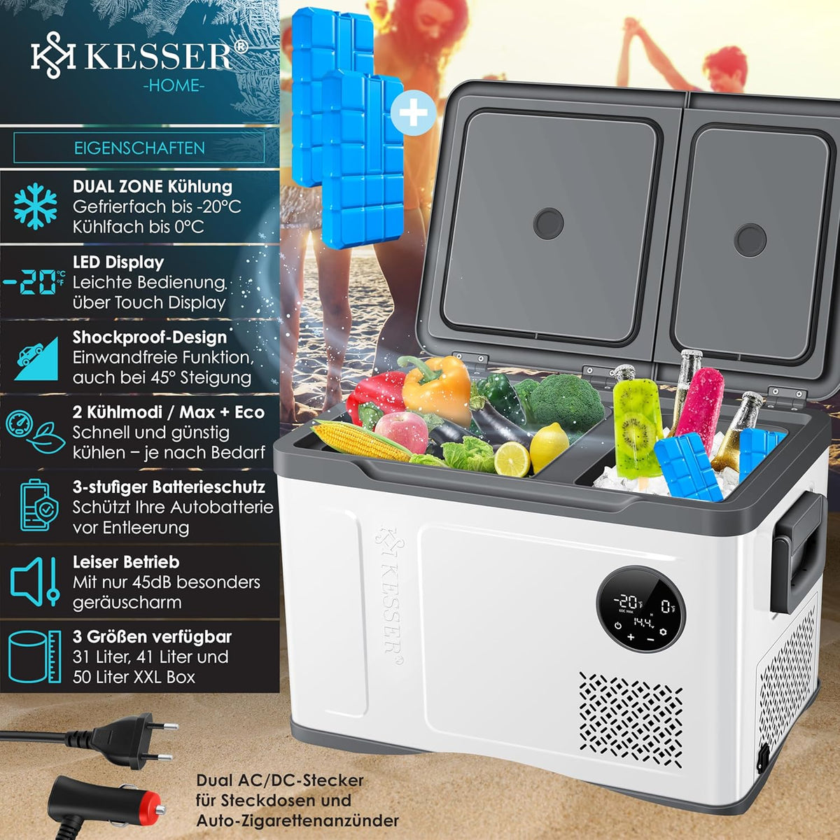 2026 KESSER Kompressor Kühlbox 2in1 Doppelzone Kühl & Gefrierfach elektrische Gefrierbox mit 2x Kühlakkus & LED-Touch-Bedienung | Kühlschrank Kühlung bis -20 °C für Camping, Auto, Lkw 12/24V 230V