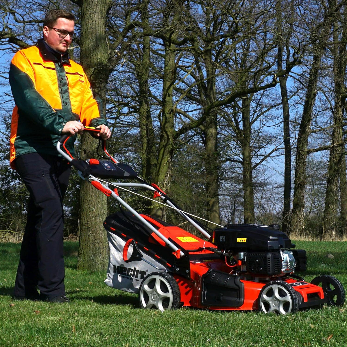 2026 HECHT 5-IN-1 Benzin Rasenmäher – leistungsstarker 4 Takt Eco Motor 4,4 kW (6,0 PS) – Elektrostart – 53 cm Schnittbreite – 75 l Fangkorb – Radantrieb – patentierte Räder – Mulchmäher