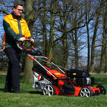 2026 HECHT 5-IN-1 Benzin Rasenmäher – leistungsstarker 4 Takt Eco Motor 4,4 kW (6,0 PS) – Elektrostart – 53 cm Schnittbreite – 75 l Fangkorb – Radantrieb – patentierte Räder – Mulchmäher
