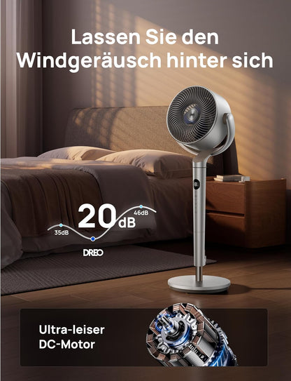 2026 Dreo Smart Standventilator mit RGB Light, 120° +120° Oszillierender Ventilator mit Fernbedienung, 20dB Leiser Bodenventilator für Schlafzimmer, 8H Timer, Silber