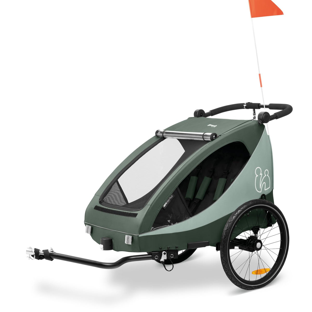 2026 hauck Fahrradanhänger & Kinderwagen Dryk Duo Plus mit Federung, für 2 Kinder (6-48 Monate), inkl. Deichsel, Buggyrad, Fahne und LED Licht, Faltbar, Höhenverstellbar, XL Kofferaum (Dark Green)