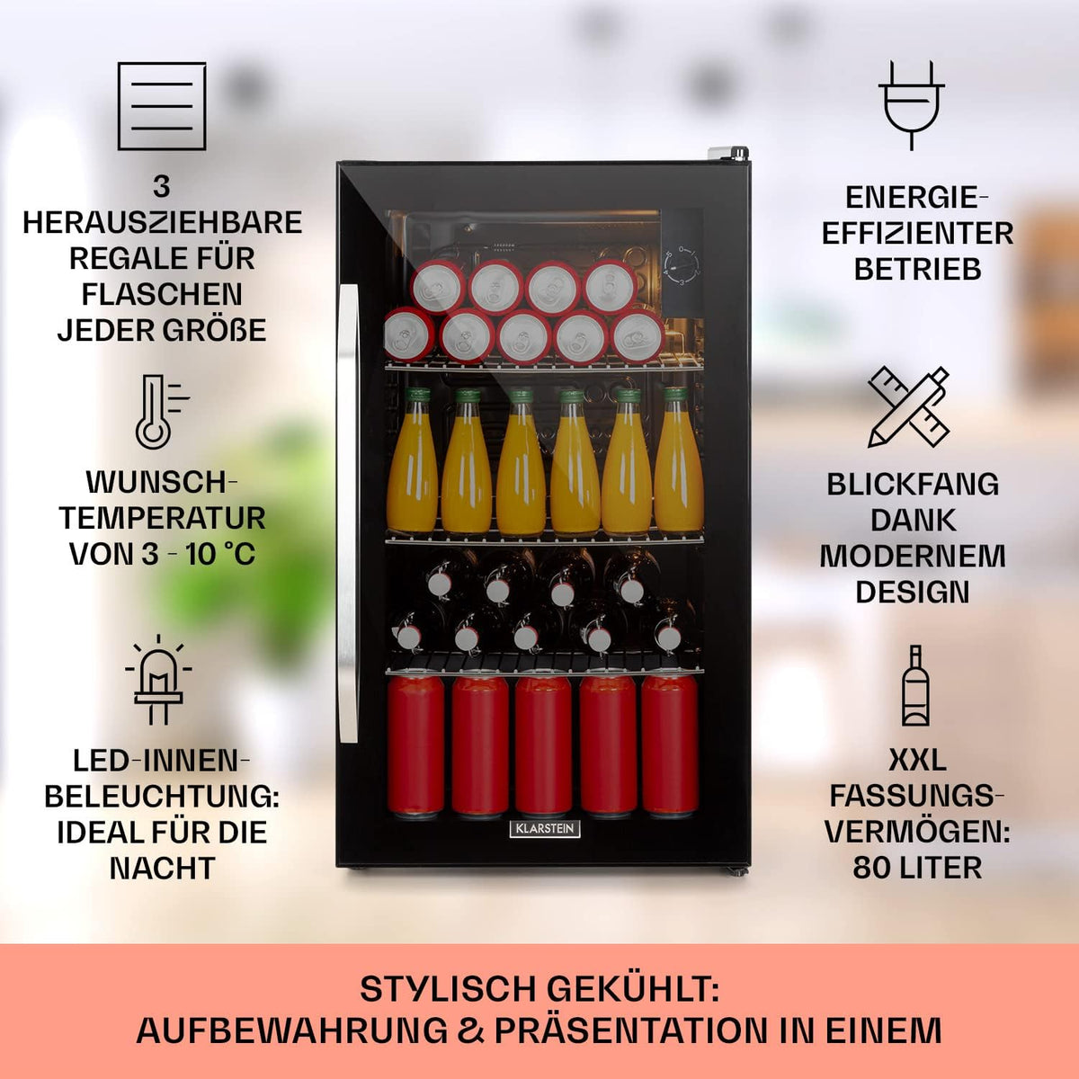 2026 Klarstein Mini Kühlschrank mit Glastür für Zimmer, Getrnkekühlschrank mit Verstellbaren Ablagen, Kleiner 80 Liter, Indoor/Outdoor Kühlschrank Leise