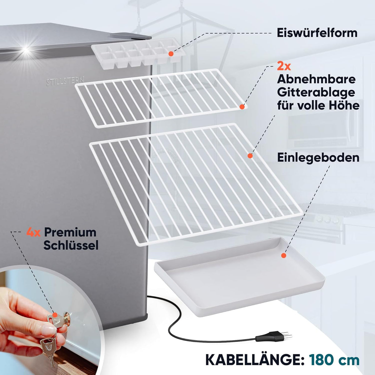 2026 Stillstern Mini Gefrierschrank (42L) -18°C, Eiswürfelschale, Schloss, Türanschlag wechselbar, 4-Sterne Tiefkühlschrank für Camping/Büro Gefriertruhe Klein Gefrierschrank Klein Tiefkühltruhe