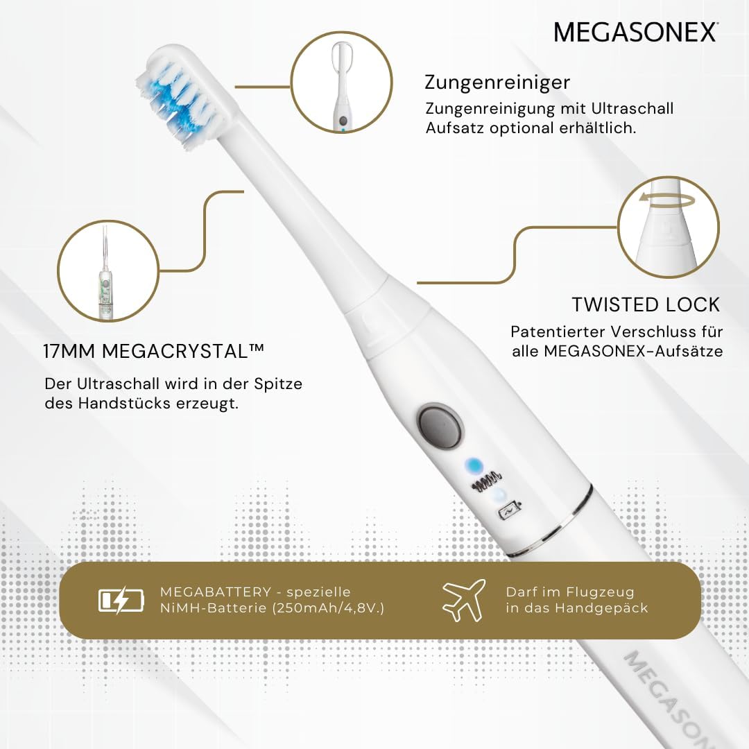 2026 MEGASONEX Ultraschall-Zahnbürste M8 Set - Mit 2 Vibrations-Stufen - zusätzlich inkl. 2x Bürstenköpfe Soft Weiß