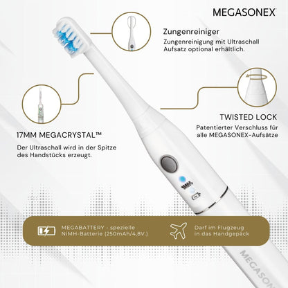 2026 MEGASONEX Ultraschall-Zahnbürste M8 Set - Mit 2 Vibrations-Stufen - zusätzlich inkl. 2x Bürstenköpfe Soft Weiß