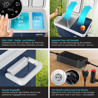 2026 KESSER Kompressor Kühlbox 2in1 Doppelzone Kühl & Gefrierfach elektrische Gefrierbox mit 2x Kühlakkus & LED-Touch-Bedienung | Kühlschrank Kühlung bis -20 °C für Camping, Auto, Lkw 12/24V 230V