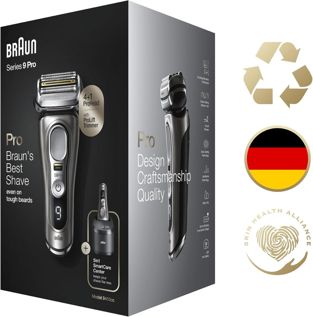 2026 Braun Series 9 Pro Premium Rasierer Herren, Testsieger Stiftung Warentest, 4+1 Scherkopf, Elektrorasierer & Trimmer, Reinigungsstation, 60 Min Laufzeit, 9465cc, noble metal