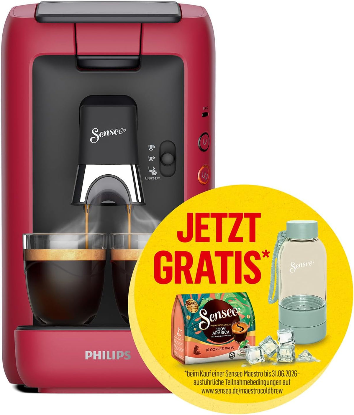 2026 Philips Senseo Maestro Kaffeepadmaschine mit Kaffeestärkewahl und Memo-Funktion, 1,2 Liter Wasserbehälter, Grünes Produkt, Farbe: Rot (CSA260/90)