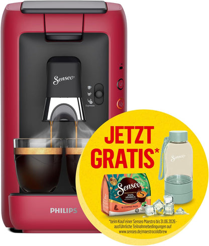 2026 Philips Senseo Maestro Kaffeepadmaschine mit Kaffeestärkewahl und Memo-Funktion, 1,2 Liter Wasserbehälter, Grünes Produkt, Farbe: Rot (CSA260/90)