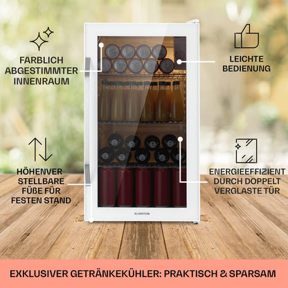 2026 Klarstein Mini Kühlschrank mit Glastür für Zimmer, Getrnkekühlschrank mit Verstellbaren Ablagen, Kleiner 80 Liter, Indoor/Outdoor Kühlschrank Leise