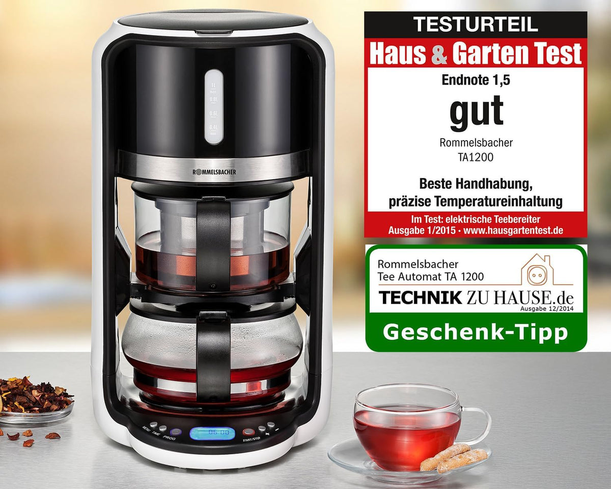 2026 Rommelsbacher Tee Automat TA 1200-5 Programme, 4 Brühtemperaturen (80/85/90/100 °C), Ziehzeit bis 10 Min. einstellbar, Warmhaltefunktion, Startzeitvorwahl, Glas-Teekanne, Edelstahl-Teesieb, 1200 W