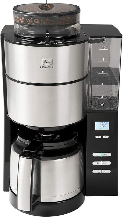 2026 Melitta AromaFresh - Filterkaffeemaschine - mit Glaskanne - integriertes Mahlwerk - Timer Funktion - 10 Tassen - Pure Black
