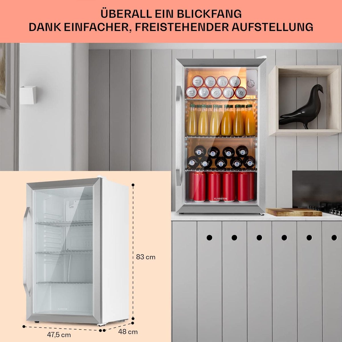 2026 Klarstein Mini Kühlschrank mit Glastür für Zimmer, Getrnkekühlschrank mit Verstellbaren Ablagen, Kleiner 80 Liter, Indoor/Outdoor Kühlschrank Leise