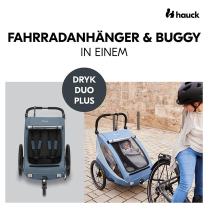 2026 hauck Fahrradanhänger & Kinderwagen Dryk Duo Plus mit Federung, für 2 Kinder (6-48 Monate), inkl. Deichsel, Buggyrad, Fahne und LED Licht, Faltbar, Höhenverstellbar, XL Kofferaum (Dark Green)
