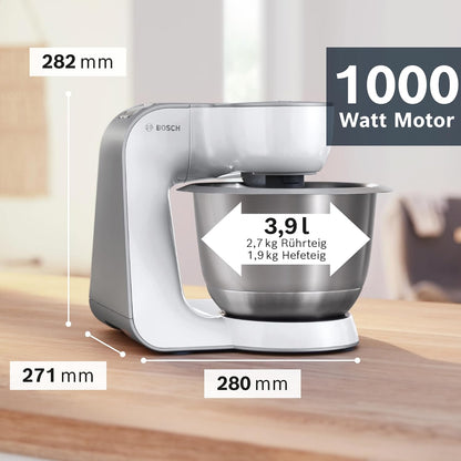 2026 Bosch Küchenmaschine Serie 4, Edelstahl-Schüssel 3,9 L, Knethaken, Schlag- und Rührbesen Edelstahl spülmaschinenfest, Mixer 1,25 L, Durchlaufschnitzler, 3 Scheiben, 1000 W, Weiß, MUM58W20