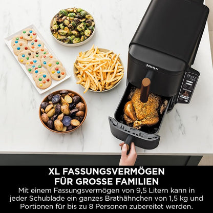 2026 Ninja Double Stack XL Heißluftfritteuse, 2 vertikale Schubladen, 4 Kochstufen, 2 Einschübe, platzsparendes Design, 9,5 L Fassungsvermögen, 6 Funktionen, 8 Portionen, Zange, Schwarz/Kupfer SL400EUCP