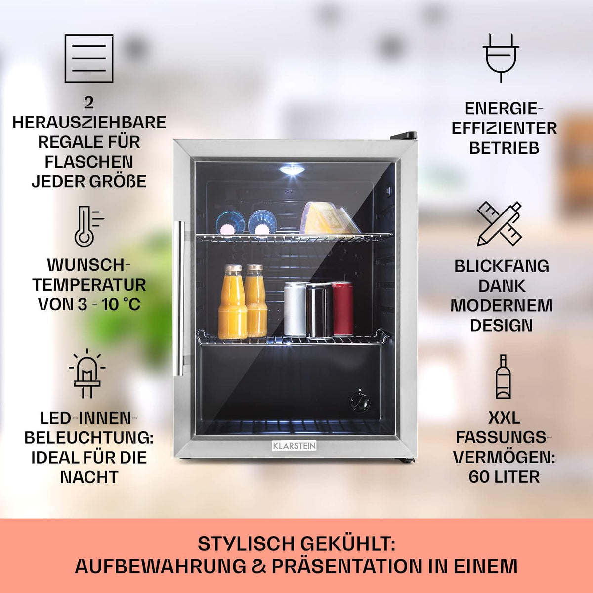 2026 Klarstein Mini Kühlschrank mit Glastür für Zimmer, Getrnkekühlschrank mit Verstellbaren Ablagen, Kleiner 80 Liter, Indoor/Outdoor Kühlschrank Leise